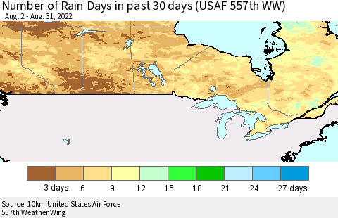 Canada Number of Rain Days in past 30 days (USAF 557th WW) 08/31/2022 Thematic Map For 8/26/2022 - 8/31/2022
