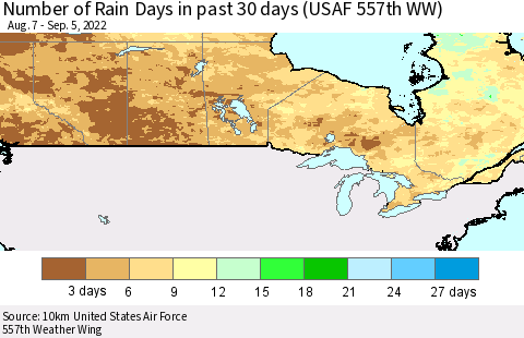 Canada Number of Rain Days in past 30 days (USAF 557th WW) 09/05/2022 Thematic Map For 9/1/2022 - 9/5/2022