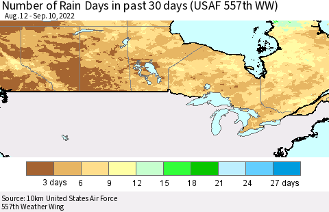 Canada Number of Rain Days in past 30 days (USAF 557th WW) 09/10/2022 Thematic Map For 9/6/2022 - 9/10/2022