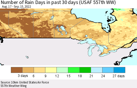 Canada Number of Rain Days in past 30 days (USAF 557th WW) 09/15/2022 Thematic Map For 9/11/2022 - 9/15/2022
