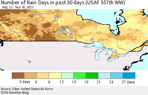 Canada Number of Rain Days in past 30 days (USAF 557th WW) 09/20/2022 Thematic Map For 9/16/2022 - 9/20/2022