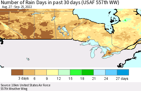 Canada Number of Rain Days in past 30 days (USAF 557th WW) 09/25/2022 Thematic Map For 9/21/2022 - 9/25/2022