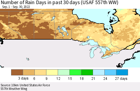 Canada Number of Rain Days in past 30 days (USAF 557th WW) 09/30/2022 Thematic Map For 9/26/2022 - 9/30/2022
