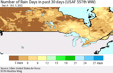 Canada Number of Rain Days in past 30 days (USAF 557th WW) 10/05/2022 Thematic Map For 10/1/2022 - 10/5/2022