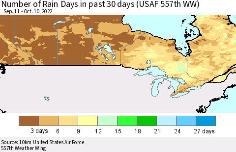 Canada Number of Rain Days in past 30 days (USAF 557th WW) 10/10/2022 Thematic Map For 10/6/2022 - 10/10/2022