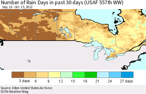 Canada Number of Rain Days in past 30 days (USAF 557th WW) 10/15/2022 Thematic Map For 10/11/2022 - 10/15/2022