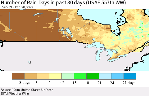Canada Number of Rain Days in past 30 days (USAF 557th WW) 10/20/2022 Thematic Map For 10/16/2022 - 10/20/2022