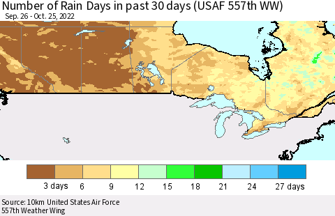 Canada Number of Rain Days in past 30 days (USAF 557th WW) 10/25/2022 Thematic Map For 10/21/2022 - 10/25/2022