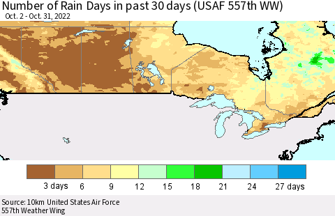 Canada Number of Rain Days in past 30 days (USAF 557th WW) 10/31/2022 Thematic Map For 10/26/2022 - 10/31/2022