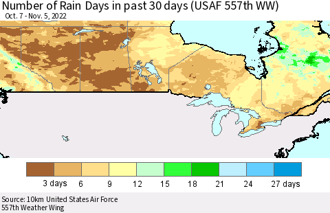 Canada Number of Rain Days in past 30 days (USAF 557th WW) 11/05/2022 Thematic Map For 11/1/2022 - 11/5/2022