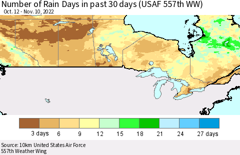 Canada Number of Rain Days in past 30 days (USAF 557th WW) 11/10/2022 Thematic Map For 11/6/2022 - 11/10/2022