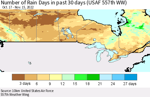 Canada Number of Rain Days in past 30 days (USAF 557th WW) 11/15/2022 Thematic Map For 11/11/2022 - 11/15/2022