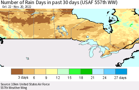 Canada Number of Rain Days in past 30 days (USAF 557th WW) 11/20/2022 Thematic Map For 11/16/2022 - 11/20/2022