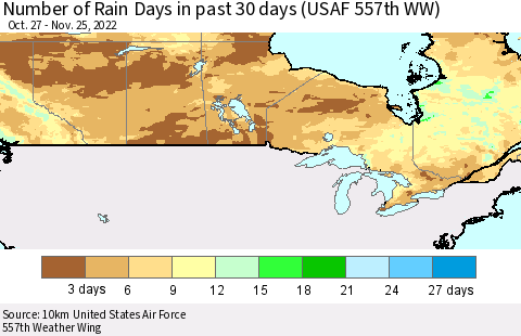 Canada Number of Rain Days in past 30 days (USAF 557th WW) 11/25/2022 Thematic Map For 11/21/2022 - 11/25/2022