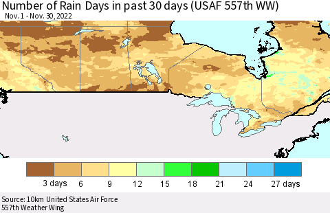 Canada Number of Rain Days in past 30 days (USAF 557th WW) 11/30/2022 Thematic Map For 11/26/2022 - 11/30/2022