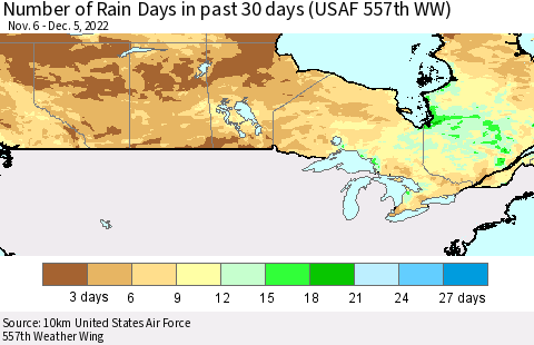 Canada Number of Rain Days in past 30 days (USAF 557th WW) 12/05/2022 Thematic Map For 12/1/2022 - 12/5/2022