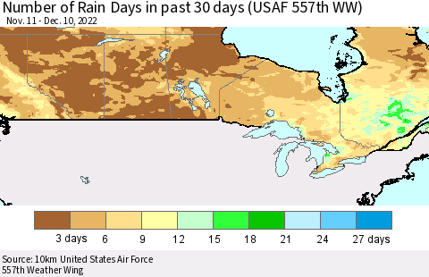 Canada Number of Rain Days in past 30 days (USAF 557th WW) 12/10/2022 Thematic Map For 12/6/2022 - 12/10/2022