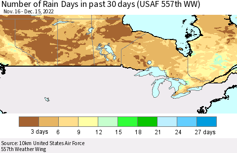 Canada Number of Rain Days in past 30 days (USAF 557th WW) 12/15/2022 Thematic Map For 12/11/2022 - 12/15/2022
