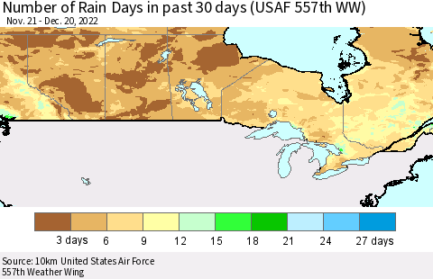 Canada Number of Rain Days in past 30 days (USAF 557th WW) 12/20/2022 Thematic Map For 12/16/2022 - 12/20/2022