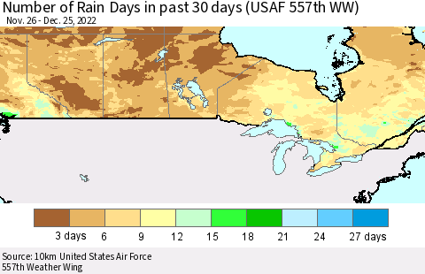 Canada Number of Rain Days in past 30 days (USAF 557th WW) 12/25/2022 Thematic Map For 12/21/2022 - 12/25/2022