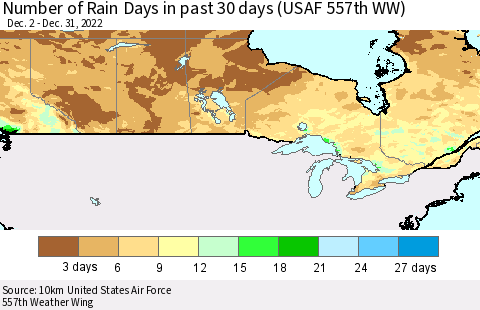 Canada Number of Rain Days in past 30 days (USAF 557th WW) 12/31/2022 Thematic Map For 12/26/2022 - 12/31/2022