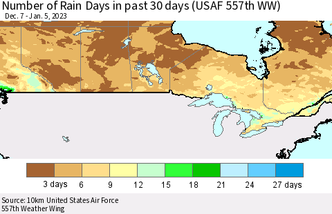 Canada Number of Rain Days in past 30 days (USAF 557th WW) 01/05/2023 Thematic Map For 1/1/2023 - 1/5/2023