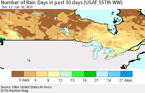 Canada Number of Rain Days in past 30 days (USAF 557th WW) 01/10/2023 Thematic Map For 1/6/2023 - 1/10/2023