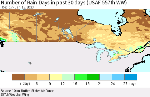 Canada Number of Rain Days in past 30 days (USAF 557th WW) 01/15/2023 Thematic Map For 1/11/2023 - 1/15/2023