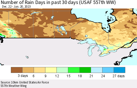 Canada Number of Rain Days in past 30 days (USAF 557th WW) 01/20/2023 Thematic Map For 1/16/2023 - 1/20/2023