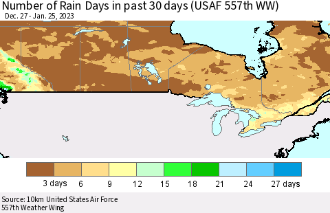 Canada Number of Rain Days in past 30 days (USAF 557th WW) 01/25/2023 Thematic Map For 1/21/2023 - 1/25/2023