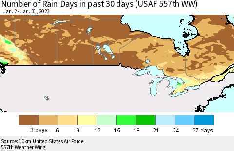 Canada Number of Rain Days in past 30 days (USAF 557th WW) 01/31/2023 Thematic Map For 1/26/2023 - 1/31/2023