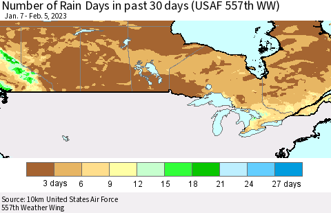 Canada Number of Rain Days in past 30 days (USAF 557th WW) 02/05/2023 Thematic Map For 2/1/2023 - 2/5/2023