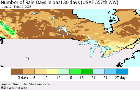 Canada Number of Rain Days in past 30 days (USAF 557th WW) 02/10/2023 Thematic Map For 2/6/2023 - 2/10/2023