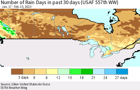 Canada Number of Rain Days in past 30 days (USAF 557th WW) 02/15/2023 Thematic Map For 2/11/2023 - 2/15/2023