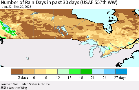 Canada Number of Rain Days in past 30 days (USAF 557th WW) 02/20/2023 Thematic Map For 2/16/2023 - 2/20/2023