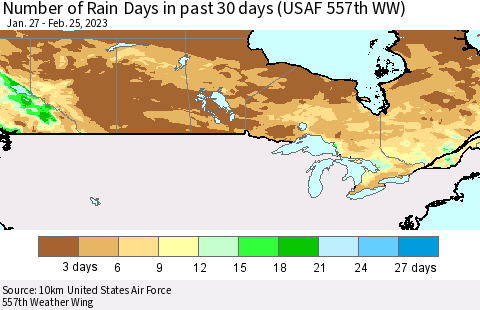 Canada Number of Rain Days in past 30 days (USAF 557th WW) 02/25/2023 Thematic Map For 2/21/2023 - 2/25/2023