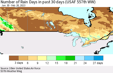 Canada Number of Rain Days in past 30 days (USAF 557th WW) 02/28/2023 Thematic Map For 2/26/2023 - 2/28/2023