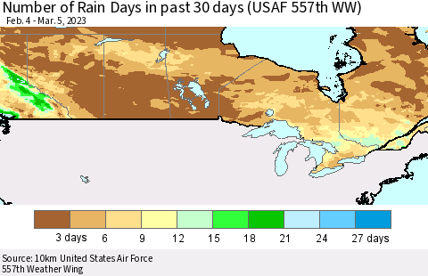 Canada Number of Rain Days in past 30 days (USAF 557th WW) 03/05/2023 Thematic Map For 3/1/2023 - 3/5/2023