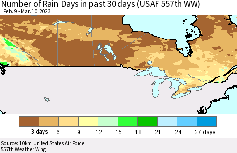 Canada Number of Rain Days in past 30 days (USAF 557th WW) 03/10/2023 Thematic Map For 3/6/2023 - 3/10/2023