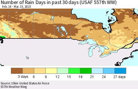 Canada Number of Rain Days in past 30 days (USAF 557th WW) 03/15/2023 Thematic Map For 3/11/2023 - 3/15/2023