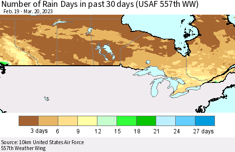 Canada Number of Rain Days in past 30 days (USAF 557th WW) 03/20/2023 Thematic Map For 3/16/2023 - 3/20/2023