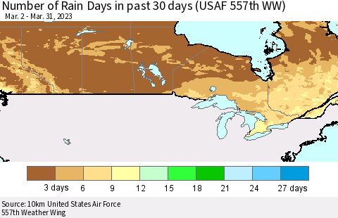 Canada Number of Rain Days in past 30 days (USAF 557th WW) 03/31/2023 Thematic Map For 3/26/2023 - 3/31/2023