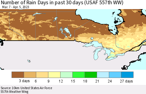 Canada Number of Rain Days in past 30 days (USAF 557th WW) 04/05/2023 Thematic Map For 4/1/2023 - 4/5/2023