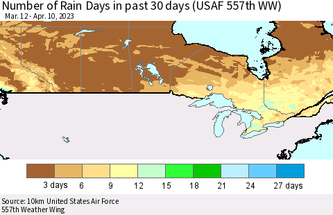 Canada Number of Rain Days in past 30 days (USAF 557th WW) 04/10/2023 Thematic Map For 4/6/2023 - 4/10/2023