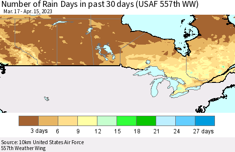 Canada Number of Rain Days in past 30 days (USAF 557th WW) 04/15/2023 Thematic Map For 4/11/2023 - 4/15/2023