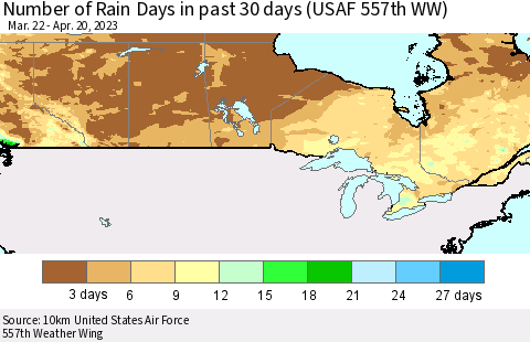 Canada Number of Rain Days in past 30 days (USAF 557th WW) 04/20/2023 Thematic Map For 4/16/2023 - 4/20/2023