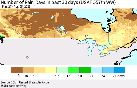 Canada Number of Rain Days in past 30 days (USAF 557th WW) 04/25/2023 Thematic Map For 4/21/2023 - 4/25/2023