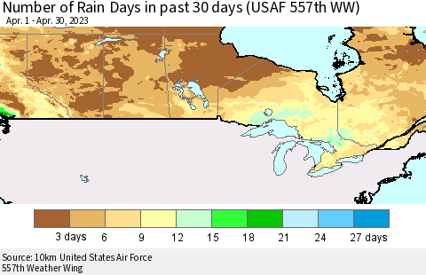 Canada Number of Rain Days in past 30 days (USAF 557th WW) 04/30/2023 Thematic Map For 4/26/2023 - 4/30/2023