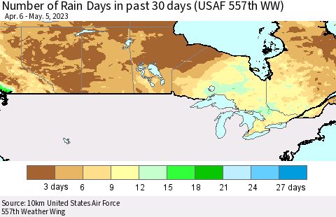 Canada Number of Rain Days in past 30 days (USAF 557th WW) 05/05/2023 Thematic Map For 5/1/2023 - 5/5/2023