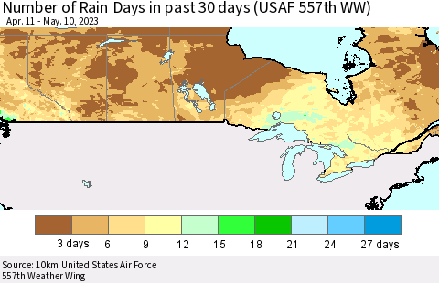 Canada Number of Rain Days in past 30 days (USAF 557th WW) 05/10/2023 Thematic Map For 5/6/2023 - 5/10/2023
